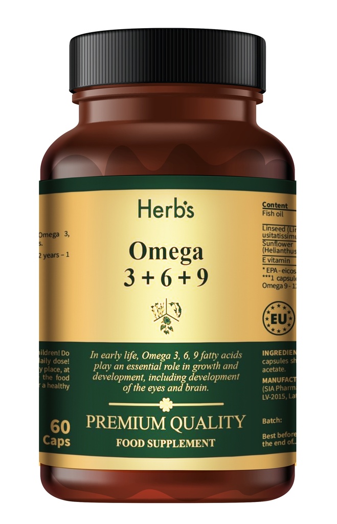 HERB'S -Omega 3-6-9 (Fish oil 400 mg; Linseed oil 300 mg; Sunflower oil 290 mg) 1000mg softgel - 60 pills