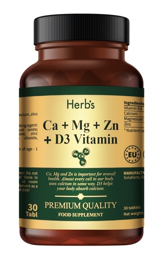 [52006] HERB'S -Calcium 500mg + Magnesium 250mg + Zinc 15mg +D3 2.5mcg tablets - 30 pills