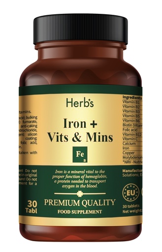 [52017] HERB'S -Iron (Ferrous Fumarate) 15mg with vitamins and minerals (Vit. C, B5, B3, B6, B1, Copper, B2, Folic Acid, Biotin B12)  - 30 pills