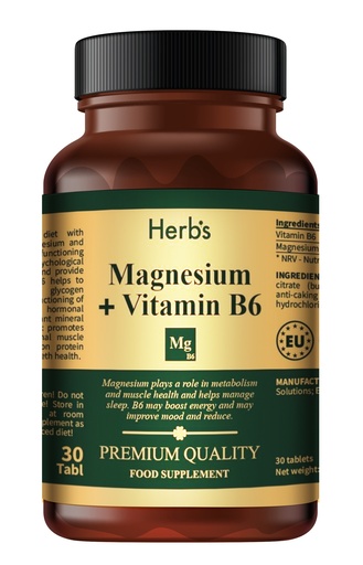 [52001] HERB'S -Magnesium 200mg (from Citrate buffered) +Vitamin B6 5mg tablets - 30 Pills